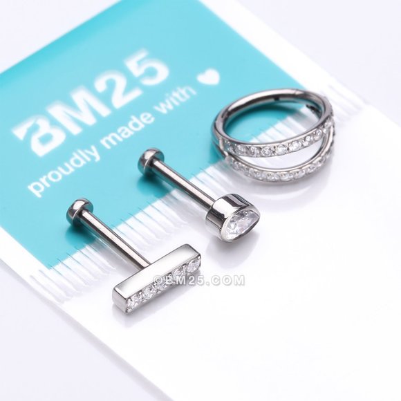 3 Pcs of Assorted Titanium Gem Lined Rectangle Stud x Double Hoop Gems Package - Picture 3 of 3